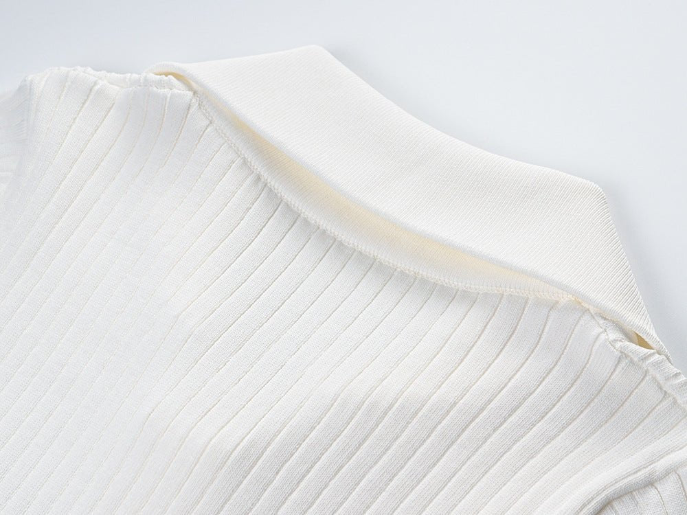 Tailored Ribbed Collar Knit Top with Gold Accents - White