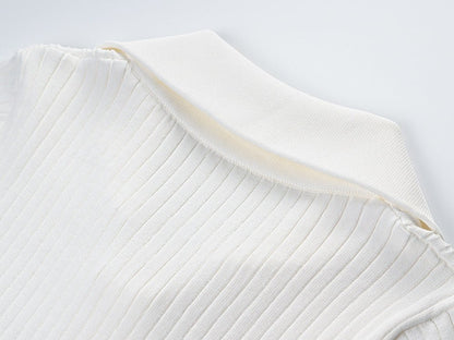 Tailored Ribbed Collar Knit Top with Gold Accents - White