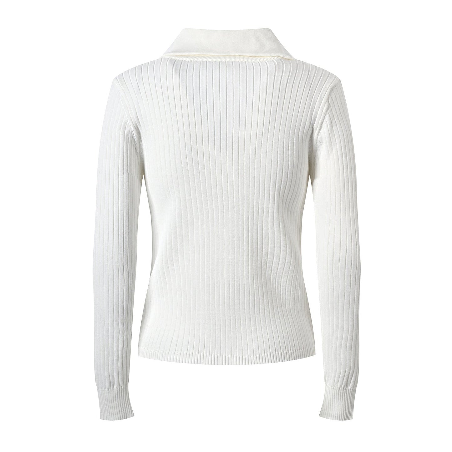 Tailored Ribbed Collar Knit Top with Gold Accents - White