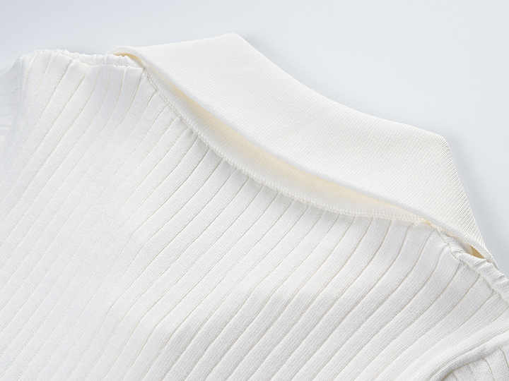 Tailored Ribbed Collar Knit Top with Gold Accents - White