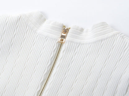 Textured Ribbed Knit Fitted Top with Elegant Gold Buttons - White