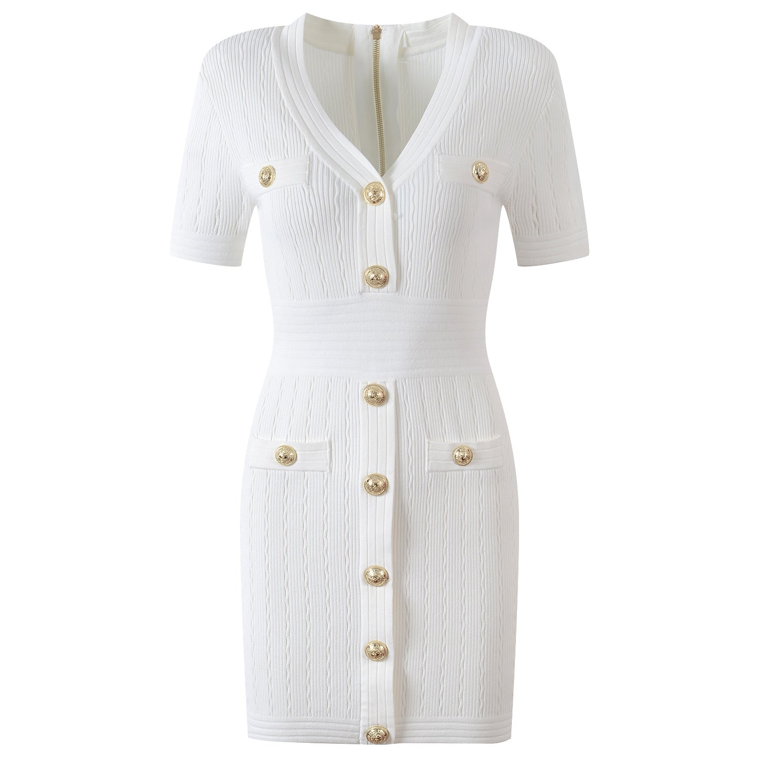 Textured Ribbed Knit Fitted Top with Elegant Gold Buttons - White