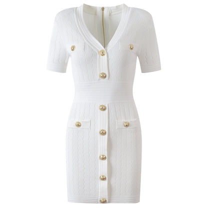 Textured Ribbed Knit Fitted Top with Elegant Gold Buttons - White