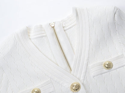 Textured Ribbed Knit Fitted Top with Elegant Gold Buttons - White