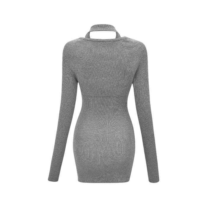 A knitted mini dress with a halter neckline inspired by The Lord of the Rings featuring a tight fit and short length