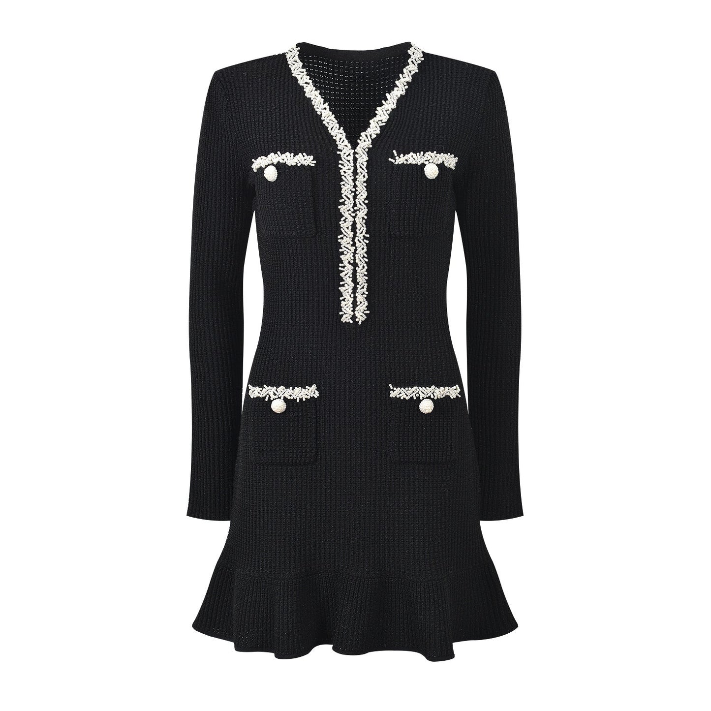 V - neck Dress with Patch Pockets & Frayed Edges - Black