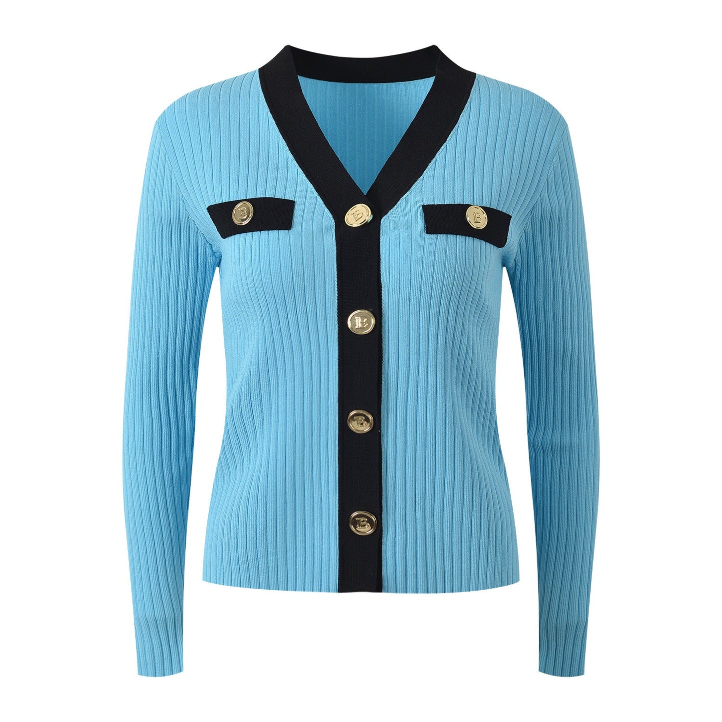 V - Neck Ribbed Button - Down Top - Turquoise