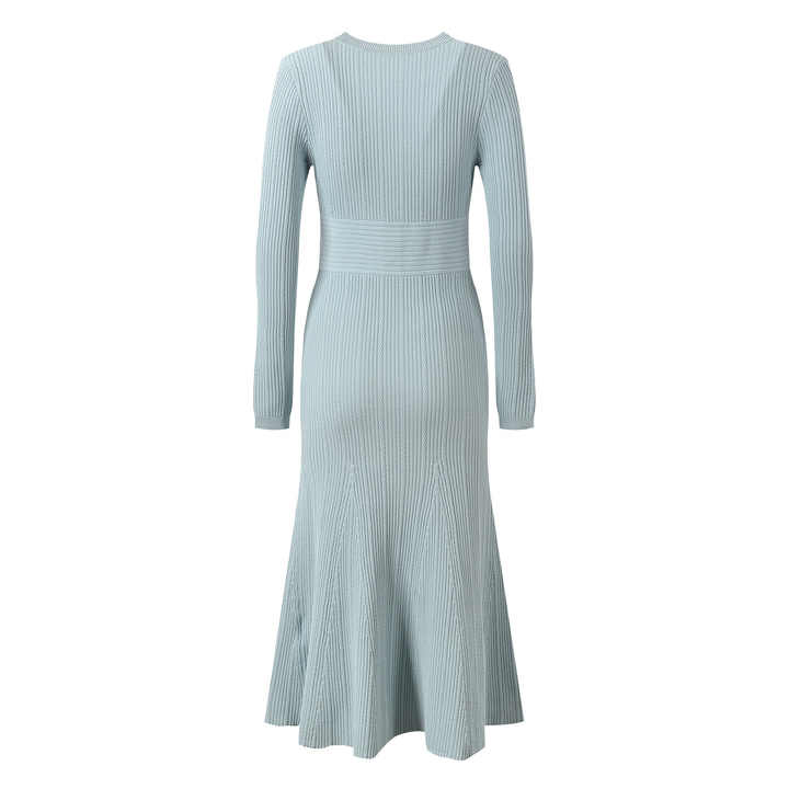 V - Neck Ribbed Knit Dress with Button Details - Blue