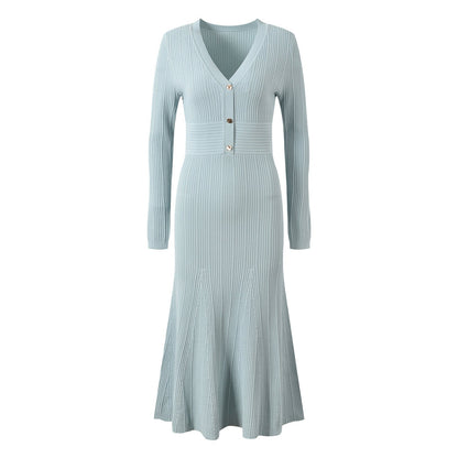 V - Neck Ribbed Knit Dress with Button Details - Blue