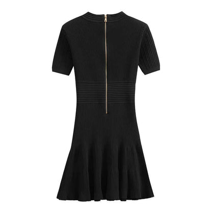 Versatile Bodycon Knit Dress with Chic Gold Button Detail - Black