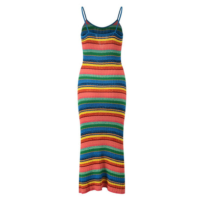 Vibrant Striped Boho Mid - Calf Bodycon Dress - Multicolor