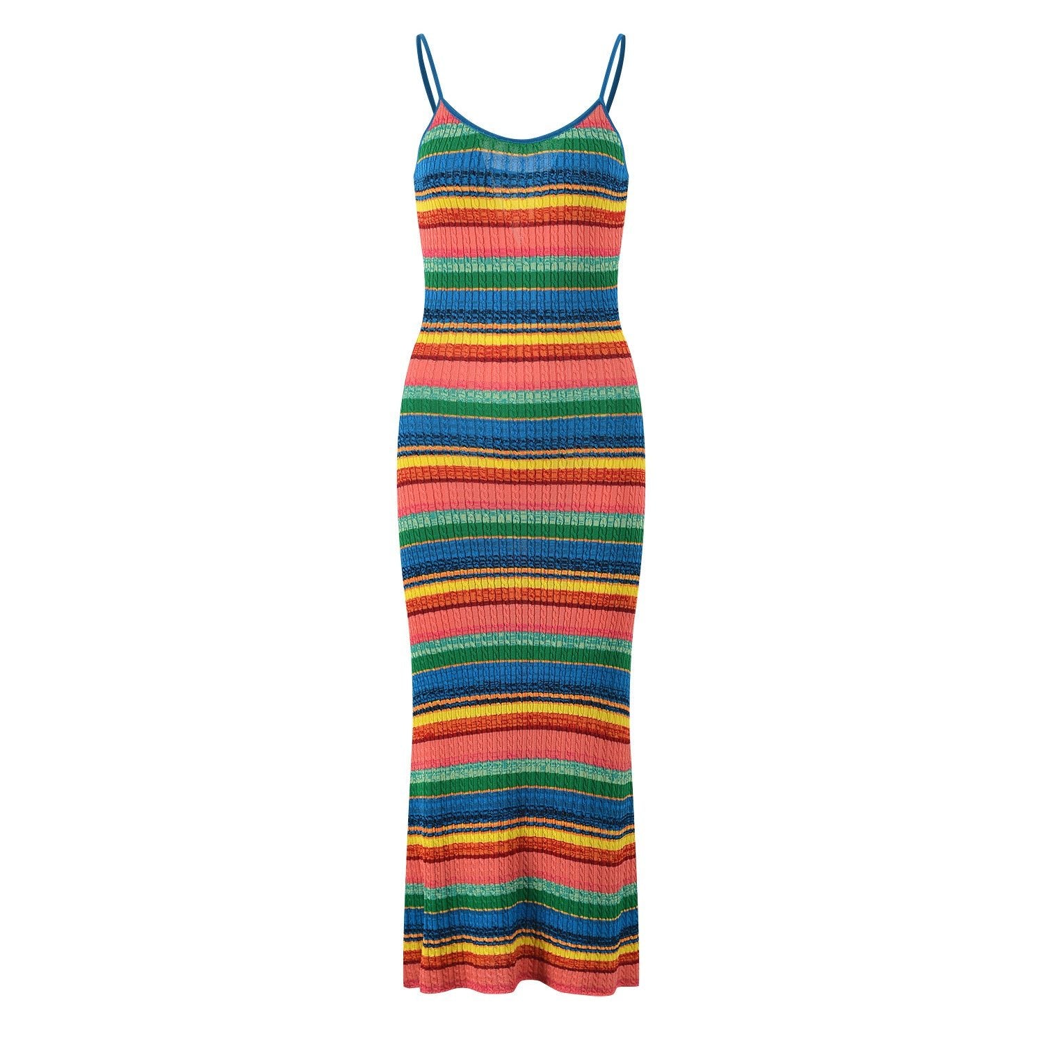 Vibrant Striped Boho Mid - Calf Bodycon Dress - Multicolor