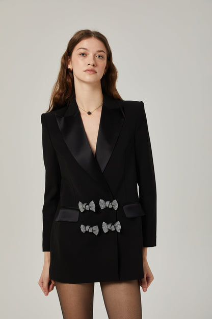 Black Tailored Blazer with Sparkling Crystal Bow Accent