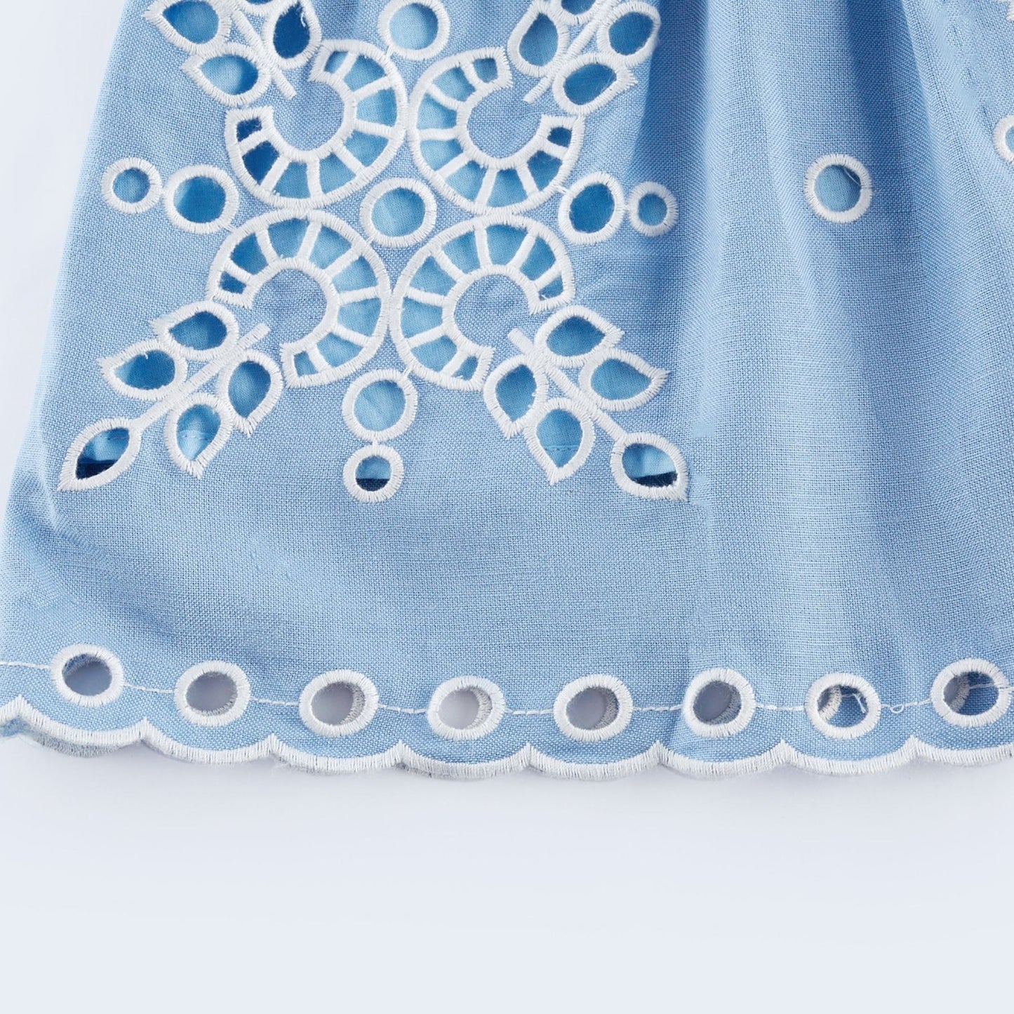 Blue and white sleeveless Vneck dress with layered design broderie anglaise detail and scallop trim