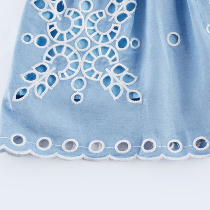 Blue and white sleeveless Vneck dress with layered design broderie anglaise detail and scallop trim