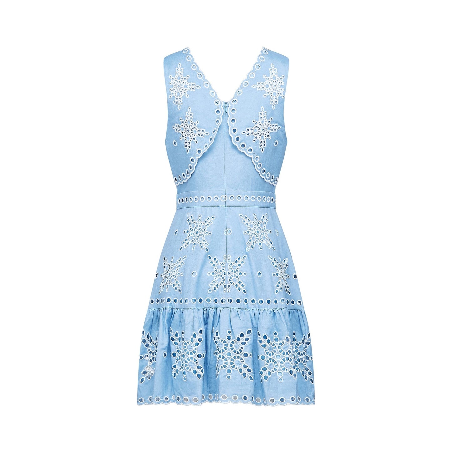 V neck sleeveless dress in blue  white with layered design and broderie anglaise detailing