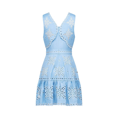 V neck sleeveless dress in blue  white with layered design and broderie anglaise detailing