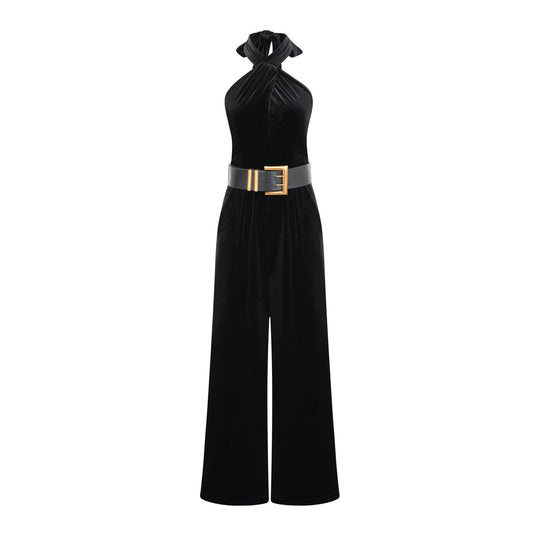 a black halterneck jumpsuit with wide legs and fitted waist