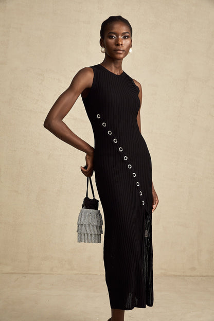 A black knitted midi dress with hoop embellishments