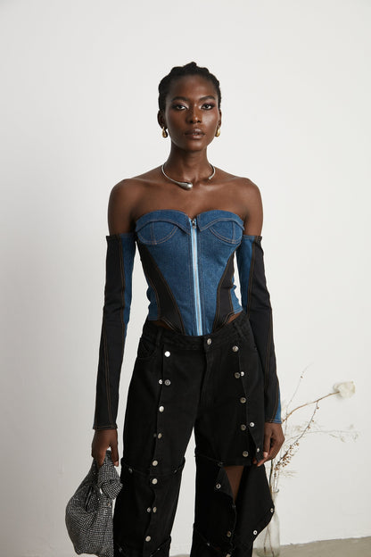 dark blue denim bodysuit with corset style top and long sleeves