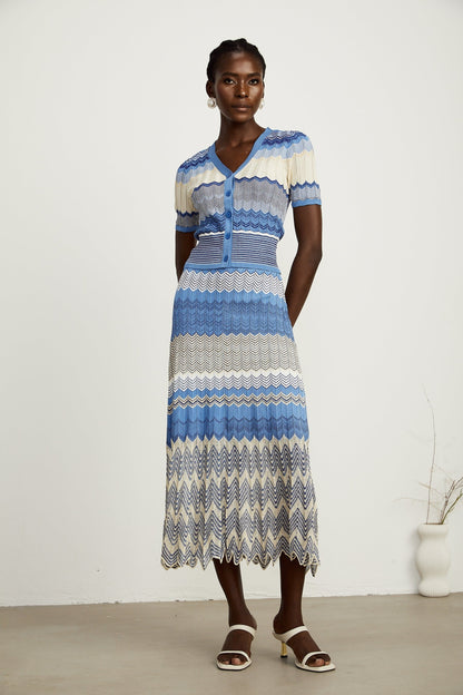 blue knit top and skirt set with zigzag pattern