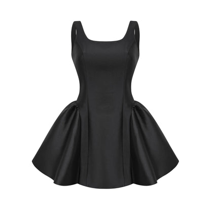 Sleeveless black mini dress with square neck highwaisted openback detail and a puffed design at waistline