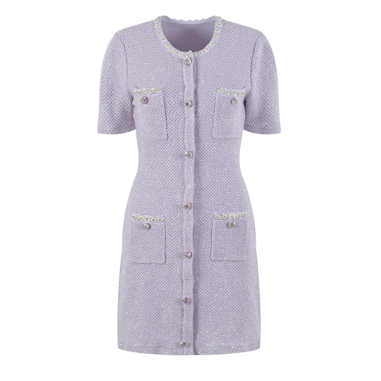 Lavender tweed dress with sequins faux pearl detailing front buttons and four pockets