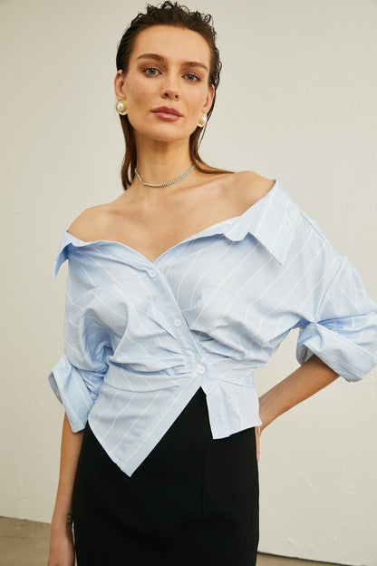 Modern Blue and White Striped Blouse with Relaxed Fit and Off-Shoulder Detail