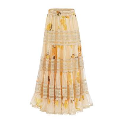 Beige floral print tiered maxi skirt