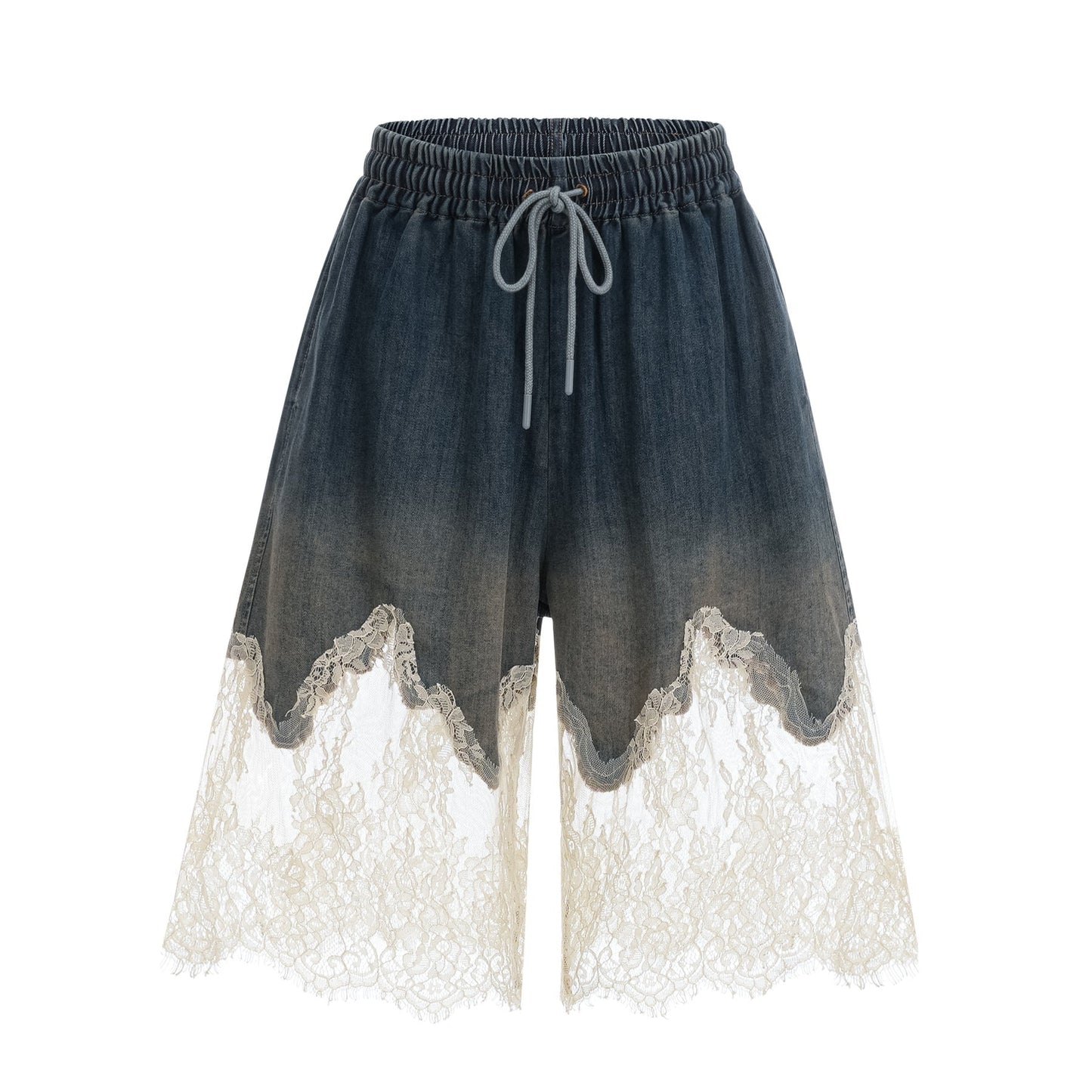 Woman wearing blue denim top and shorts set with white lace details Sylvie matching outfit