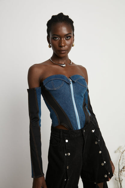 dark blue denim bodysuit with corset style top and long sleeves