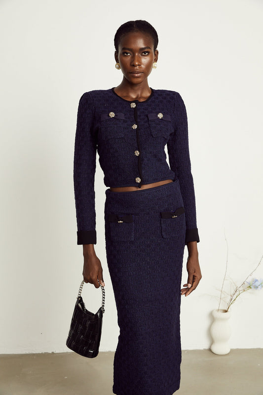 navy blue checkered jacket and matching skirt set