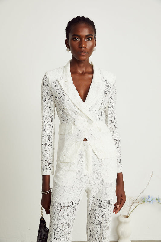 Sheer Lace Blazer and Matching White Trousers