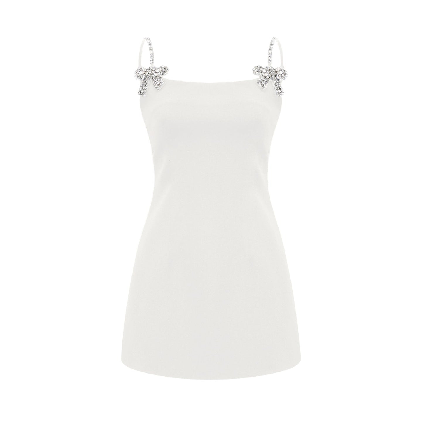 Sleeveless dress with spaghetti straps deep Vneckline crystal bow and mini length in cottonpolyester blend fabric