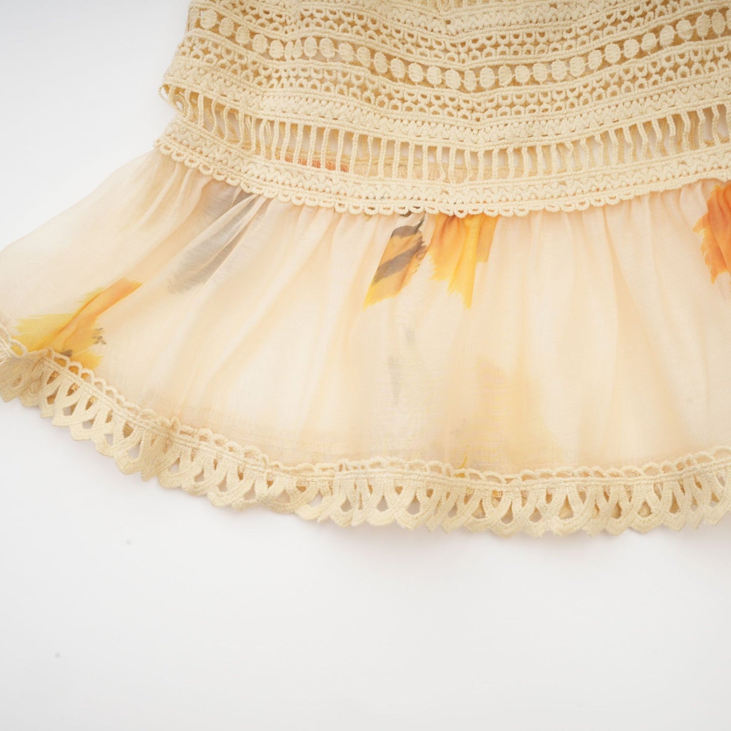 White crochet lace trim skirt with tan tulle fabric