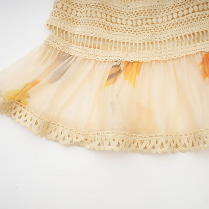 White crochet lace trim skirt with tan tulle fabric