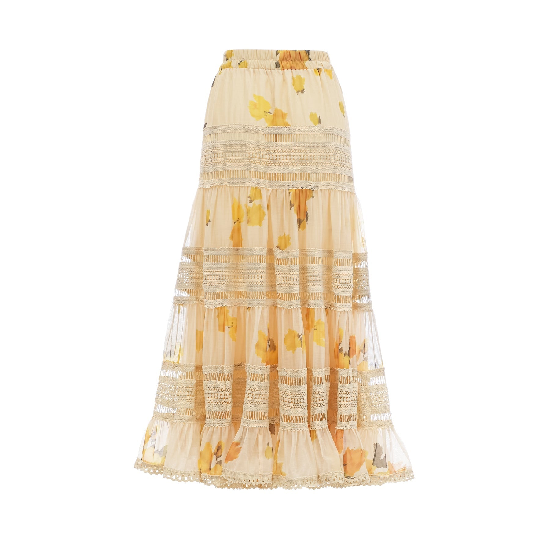 Yellow floral printed maxi skirt with lace trim