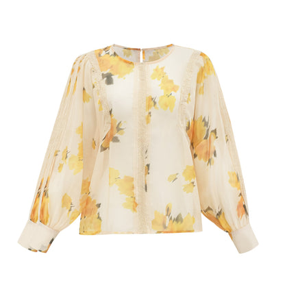 Floral print cream blouse with lace trim and long sleeves