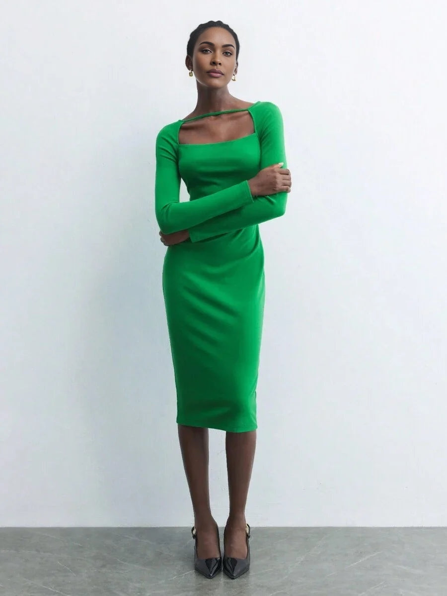 Womens Christmas Green Cutout Detail Long Sleeve Midi Dress AutumnWinter