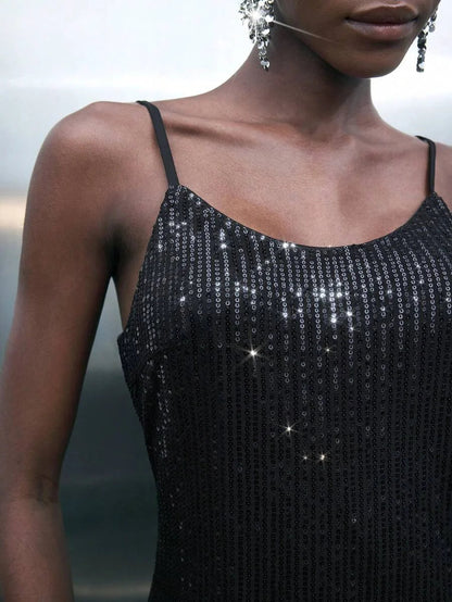 Womens Christmas Party Sequin Fluffy Patchwork Spaghetti Strap MidLength Dress AutumnWinter Fashion