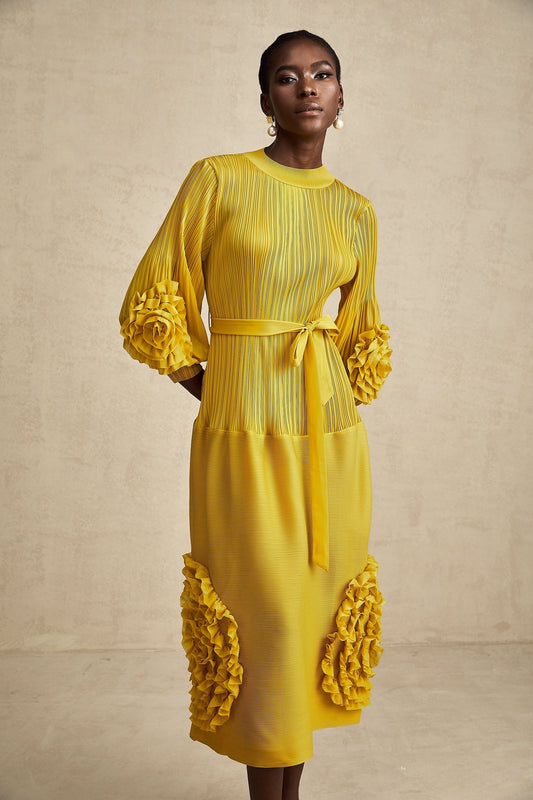 Yellow midi dress with three dimensional petallike ruffles