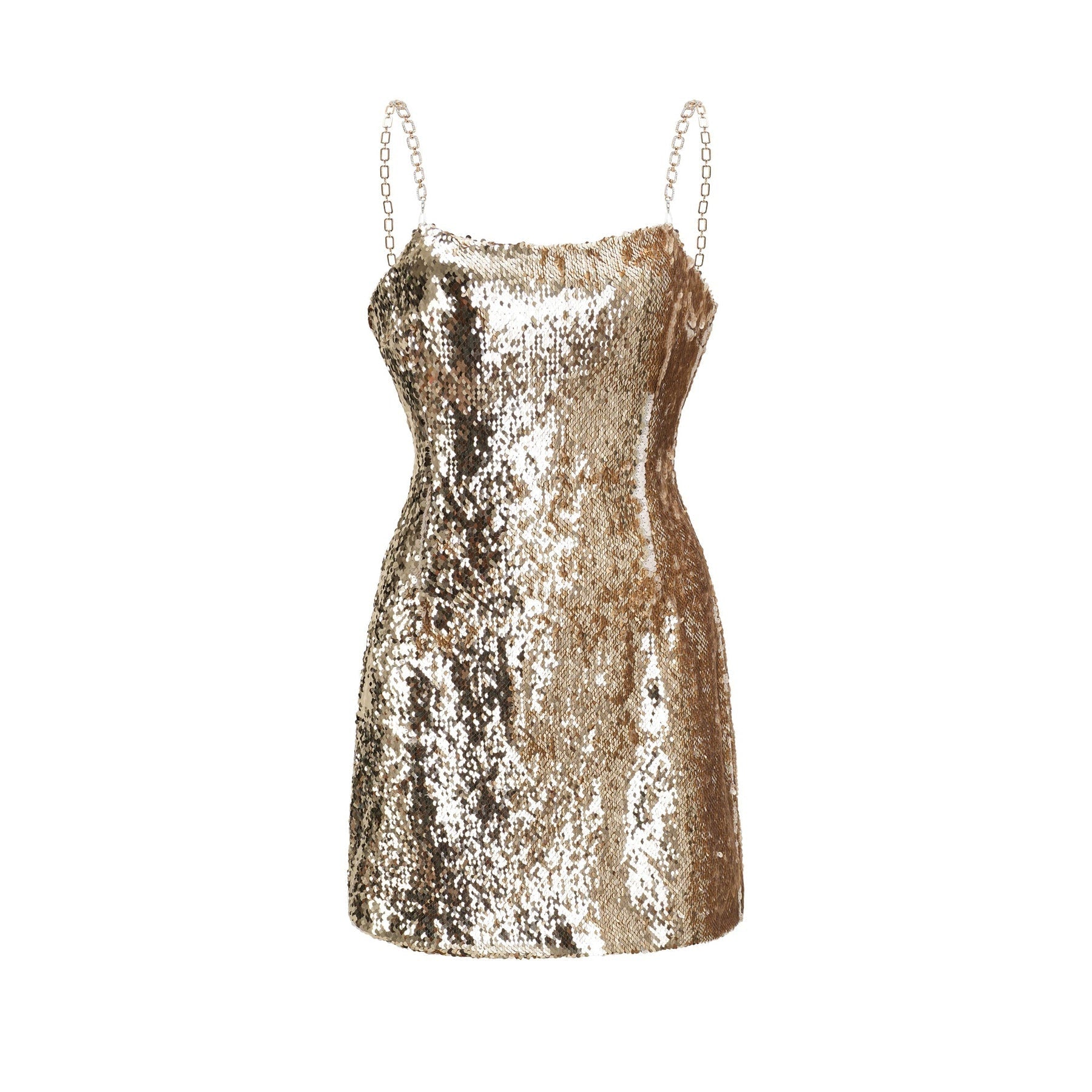 Gold sequin dress with reversible design spaghetti straps and zip closure on back made of 100% Polyester